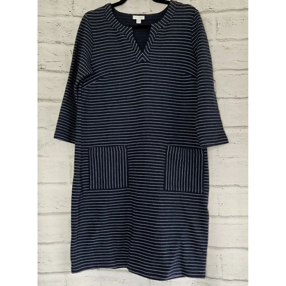 J. Jill Dress Women's Size S Blue Striped Pockets V-Neck 3/4 Sleeves Shift Dress